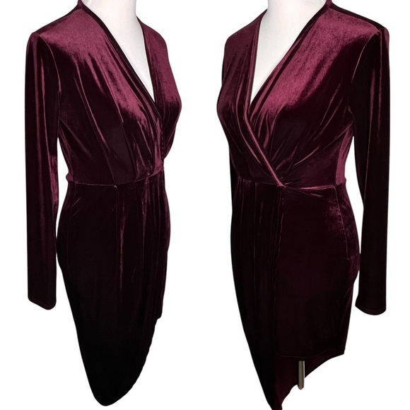 Shinestar Gold Velvet Long Sleeve V Neck Faux Wrap Dress Plum Hi Low Hem Size M - Picture 3 of 14